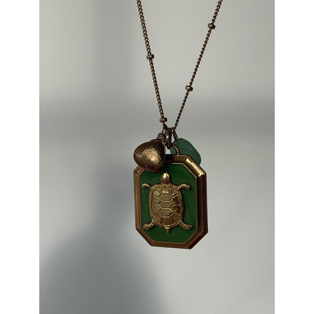 Gold Tone Turtle Pendant Necklace Green Enamel Charm Sea Turtle Beach Boho